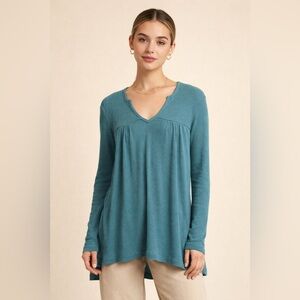 Anthropologie T.La Waffle Knit Thermal Top Small Green Oversized V Neck Cozy